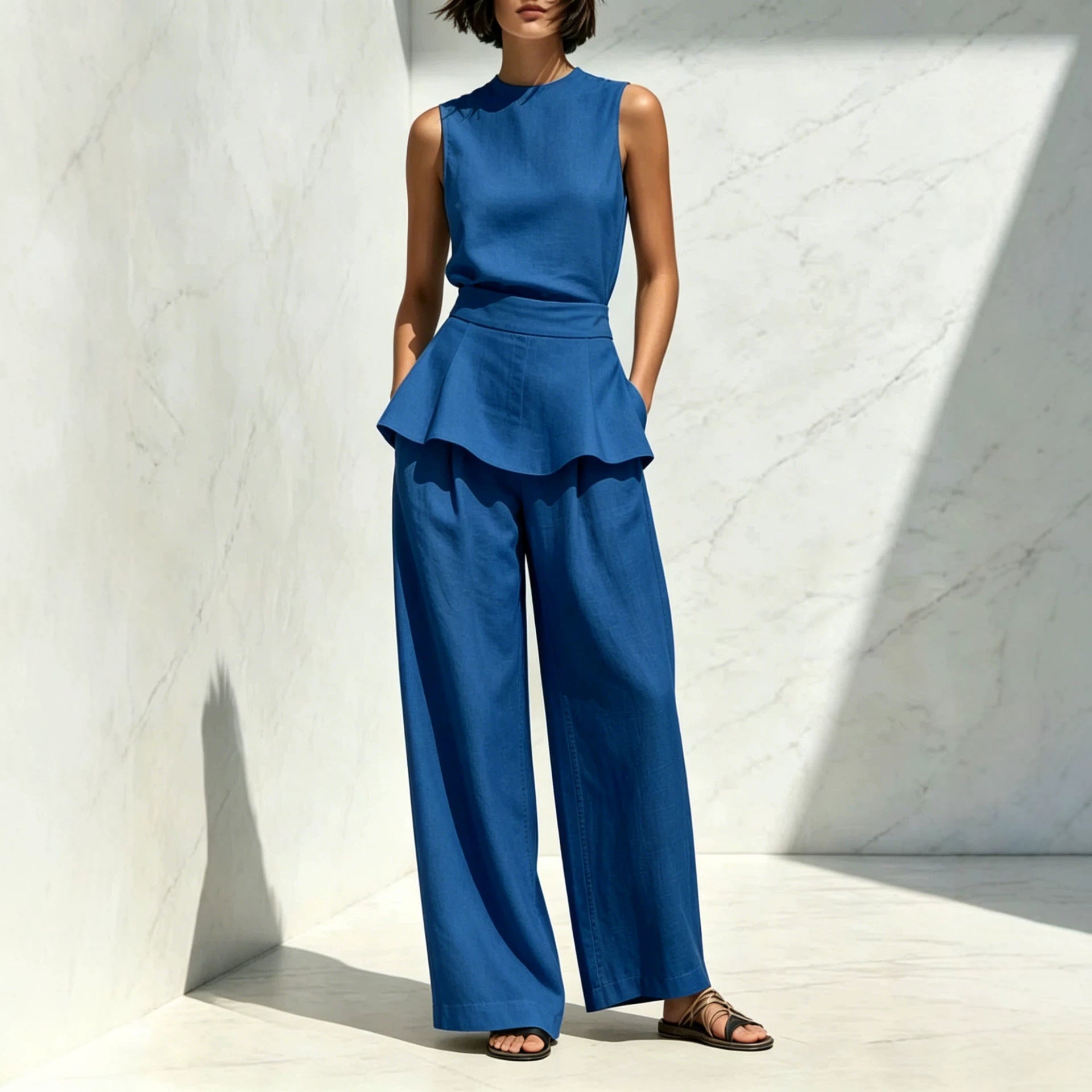 Sleeveless Ruffled Vest And Wide-leg Pants Set
