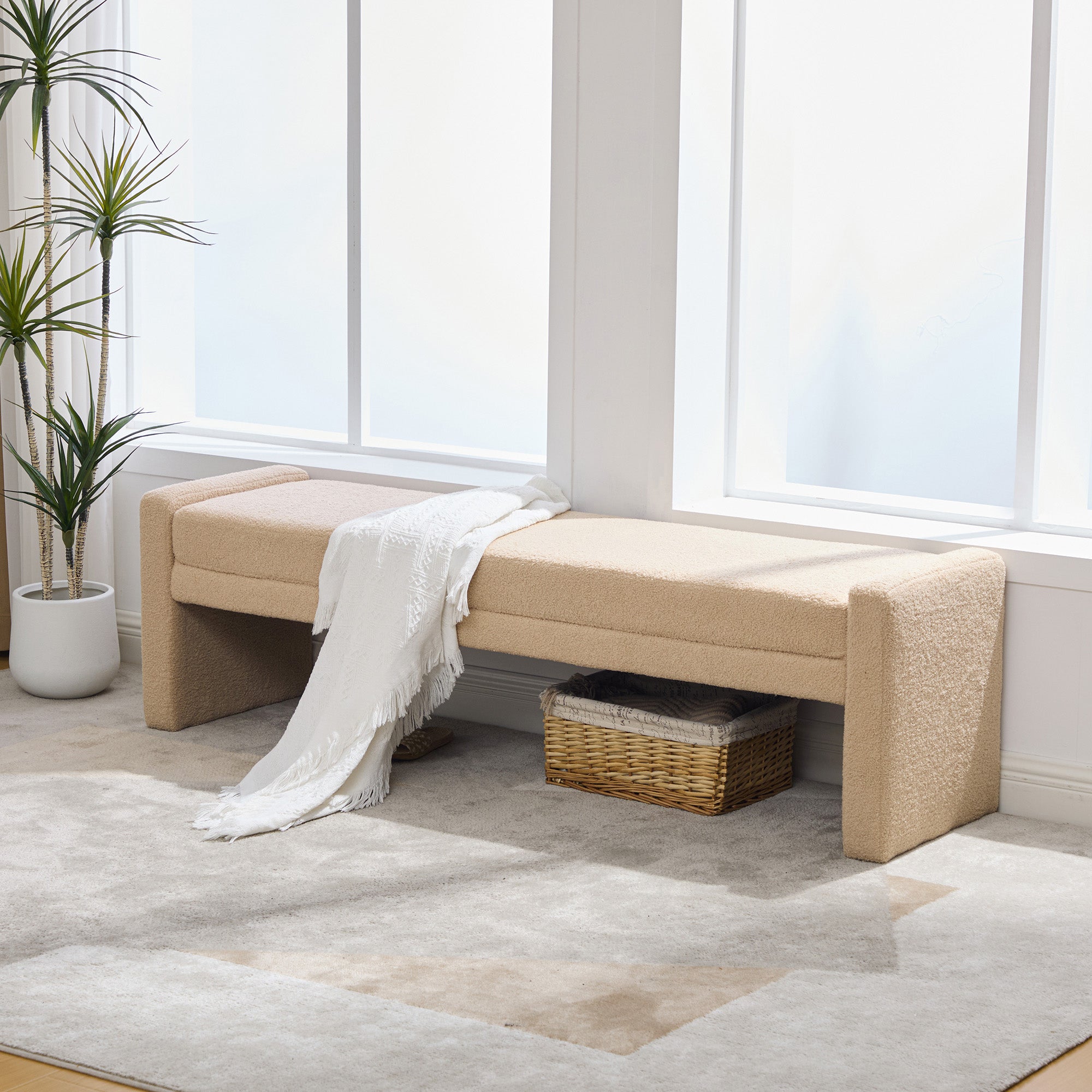 66.9  Modern Upholstered Boucle End Of Bed Bench, Oversized Accent Entryway Window Layered Bench & Dining Bench, Footrest Stool Bench For Guestrooms, Reception, Bedroom, Hallway, Living Room, Wheat