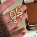 French Style Gold Brushed Hollow Circle Rhinestone Tassel Stud Earrings, Light Luxury High-End Ear Jewelry For Women