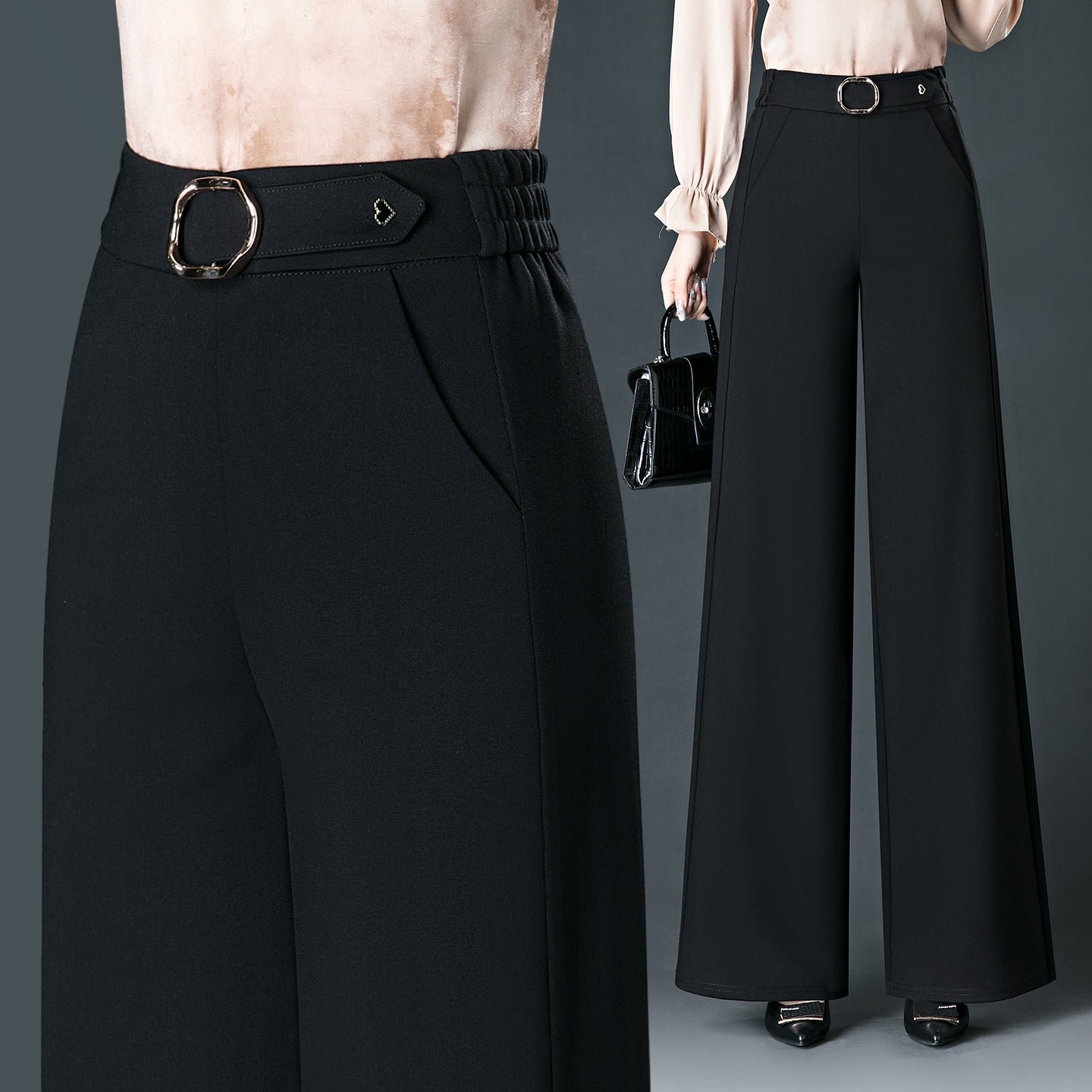 Spring Womens New Arrival Loose-fitting Straight-leg Versatile Black Wide-leg Pants