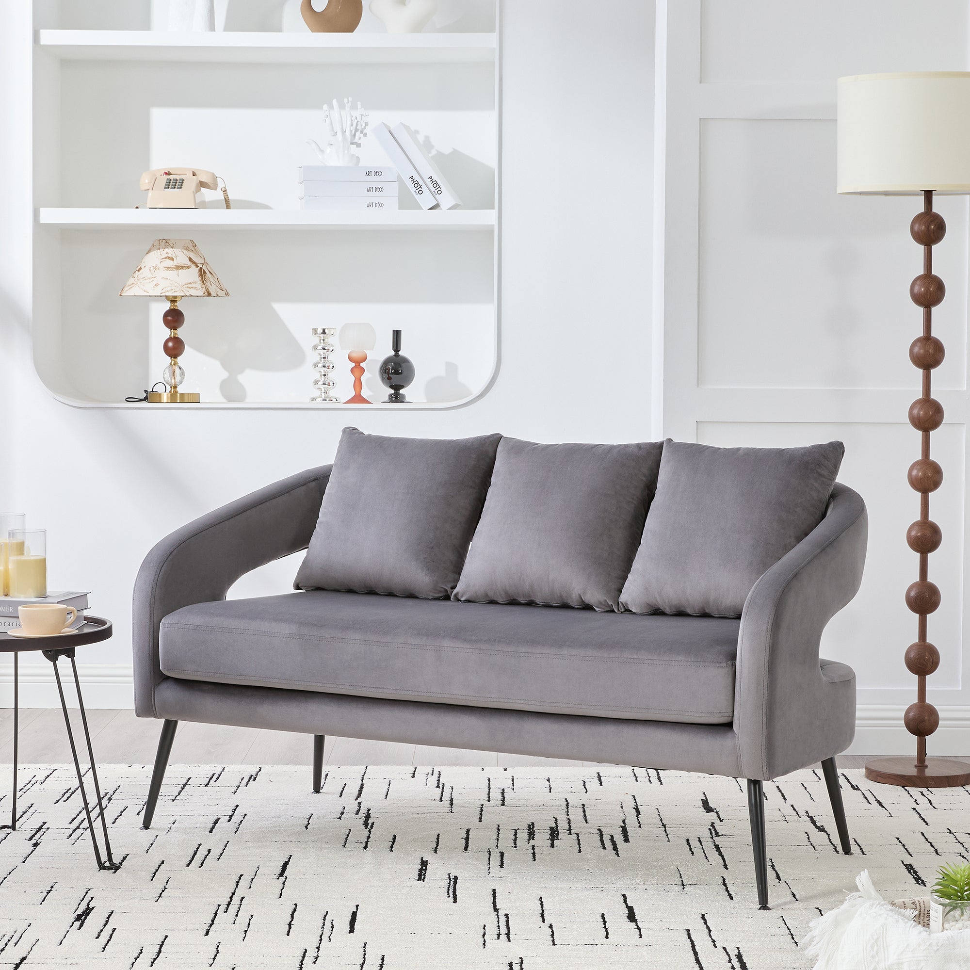 53.7 Modern Upholstered Velvet Open Back Loveseat Settee With 3 Pillows, Small Comfy Sofa 2-Seater Mini Sofa For Small Space With Metal Legs, Living Room Bedroom Office Dorm Studio Apartment Charcoal