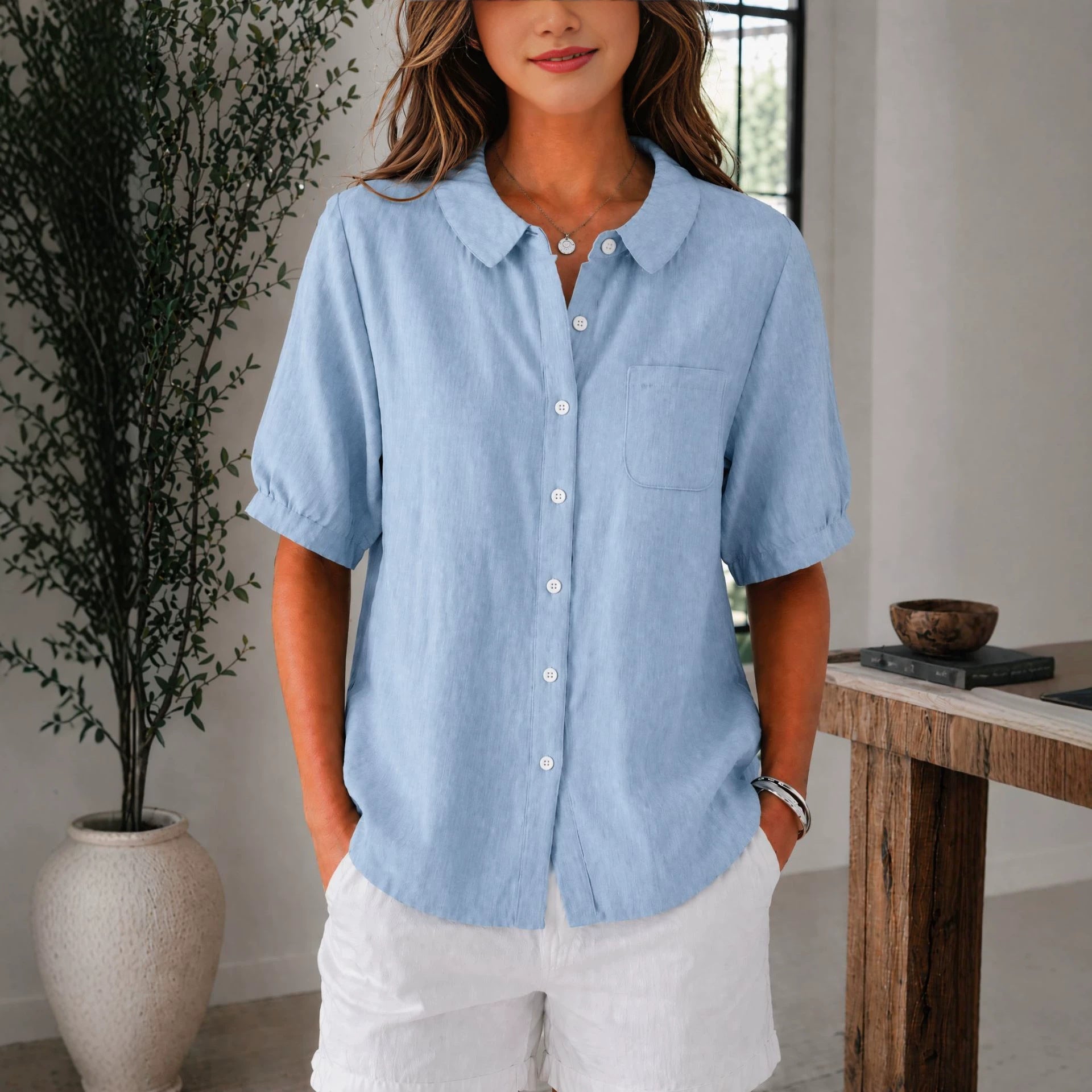 Womens Solid-color Loose-fit Casual Work Top