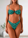 2026 New Turquoise Leopard Print Underwire Bikini Set, High Cut Two Piece Bathing Suit With Front Ring Detail