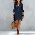 Solid-color Womens Casual Chic V-neck Mid-sleeve Midi Dress