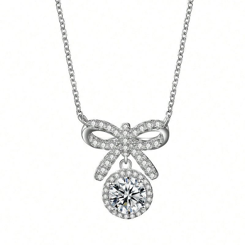 S925 Sterling Silver 1ct D Color VVS1 Moissanite Bow Necklace 45cm Platinum Gold Plated GRA Certified Gift Box