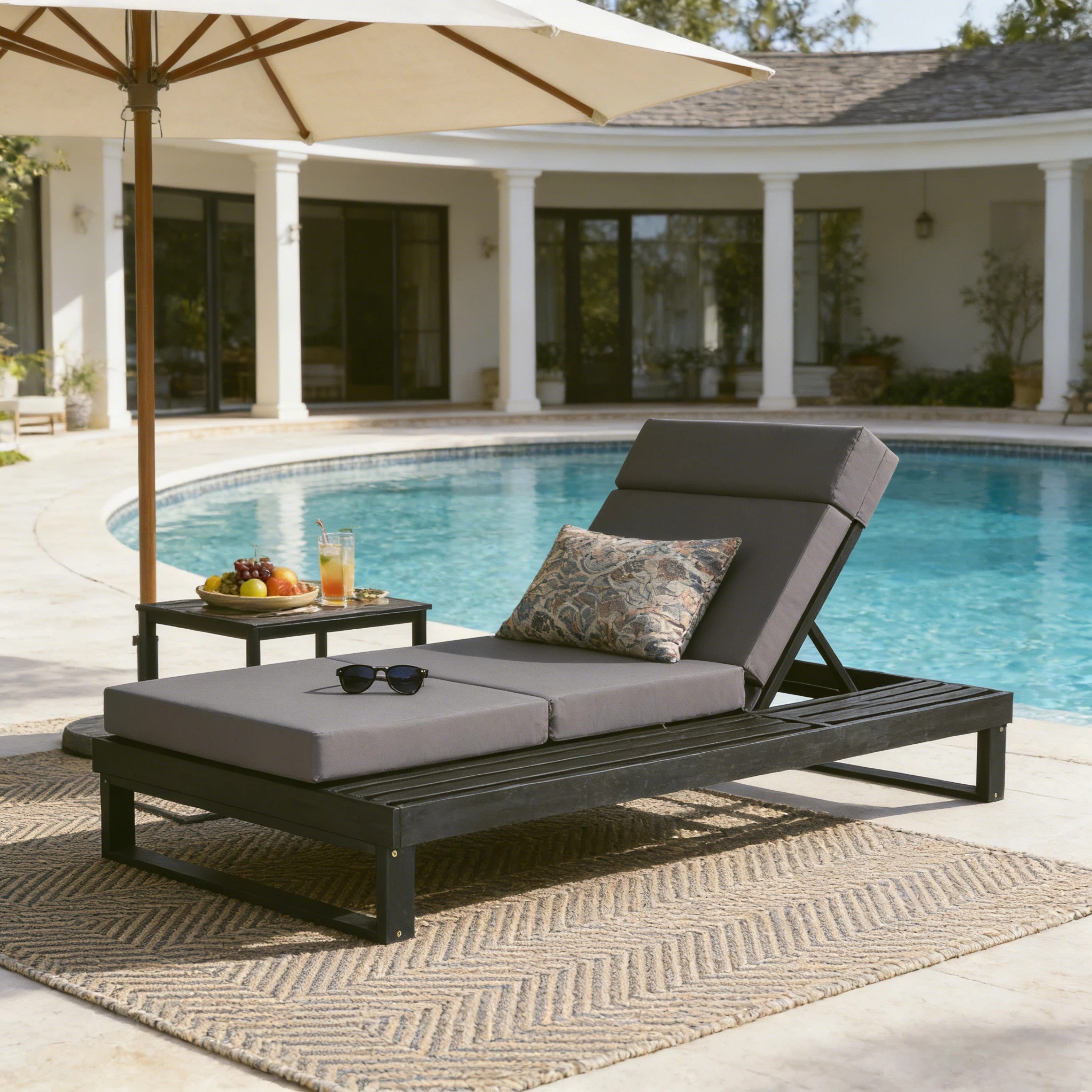 Black Acacia Wood Chaise Lounge With 4-Inch Dark Gray 4-Fold Cushion Set, Adjustable Outdoor Patio Lounger With Flat Side Surface, For Poolside- Matching Cream,beige Version Available