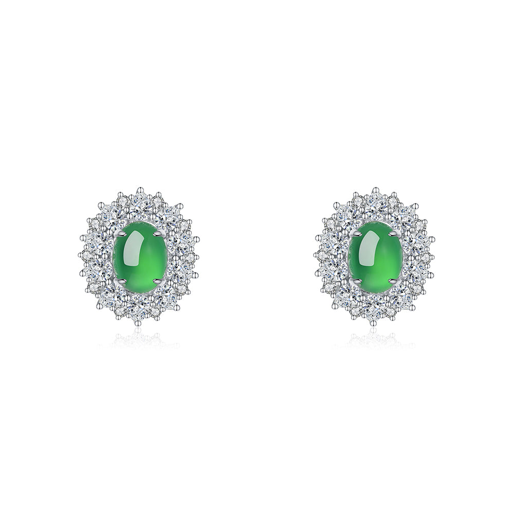S925 Sterling Silver Halo Stud Earrings, 9x7mm Oval Green Chrysoprase, Platinum Plated 6.6g Elegant Earrings With Fashion Gift Box
