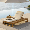 Teak Finish Acacia Wood Chaise Lounge With 1.57-Inch Cream 2-Fold Cushion Set, 4-Position Adjustable With Flat Side Surface, For Poolside - Matching Dark Gray,leaf Coconut Version Available