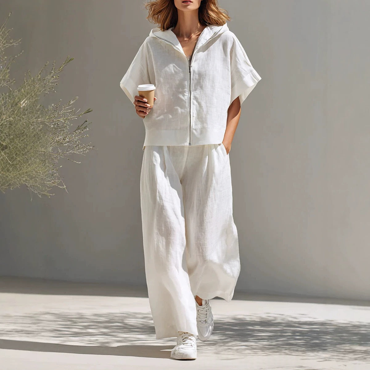 Hooded Zip-up Linen Top And Relaxed Wide-leg Pants Set