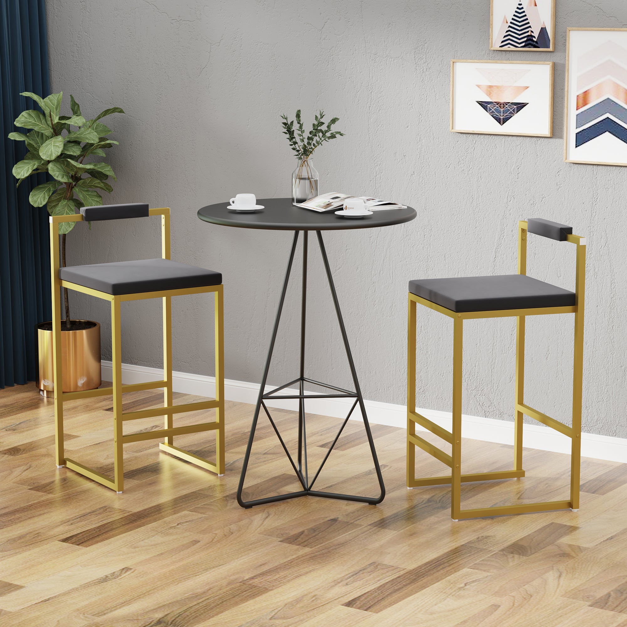 Set Of 2 Bar Stools With Backrest & Footrest Counter Height Velvet Upholstered Dining Chairs For Kitchen Island  Gold & Gray