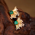 New Chinese Square Stud Earrings For Women, Emerald Rhinestone Fan Shape Drop Earrings, Retro Elegant Premium Delicate Ear Jewelry