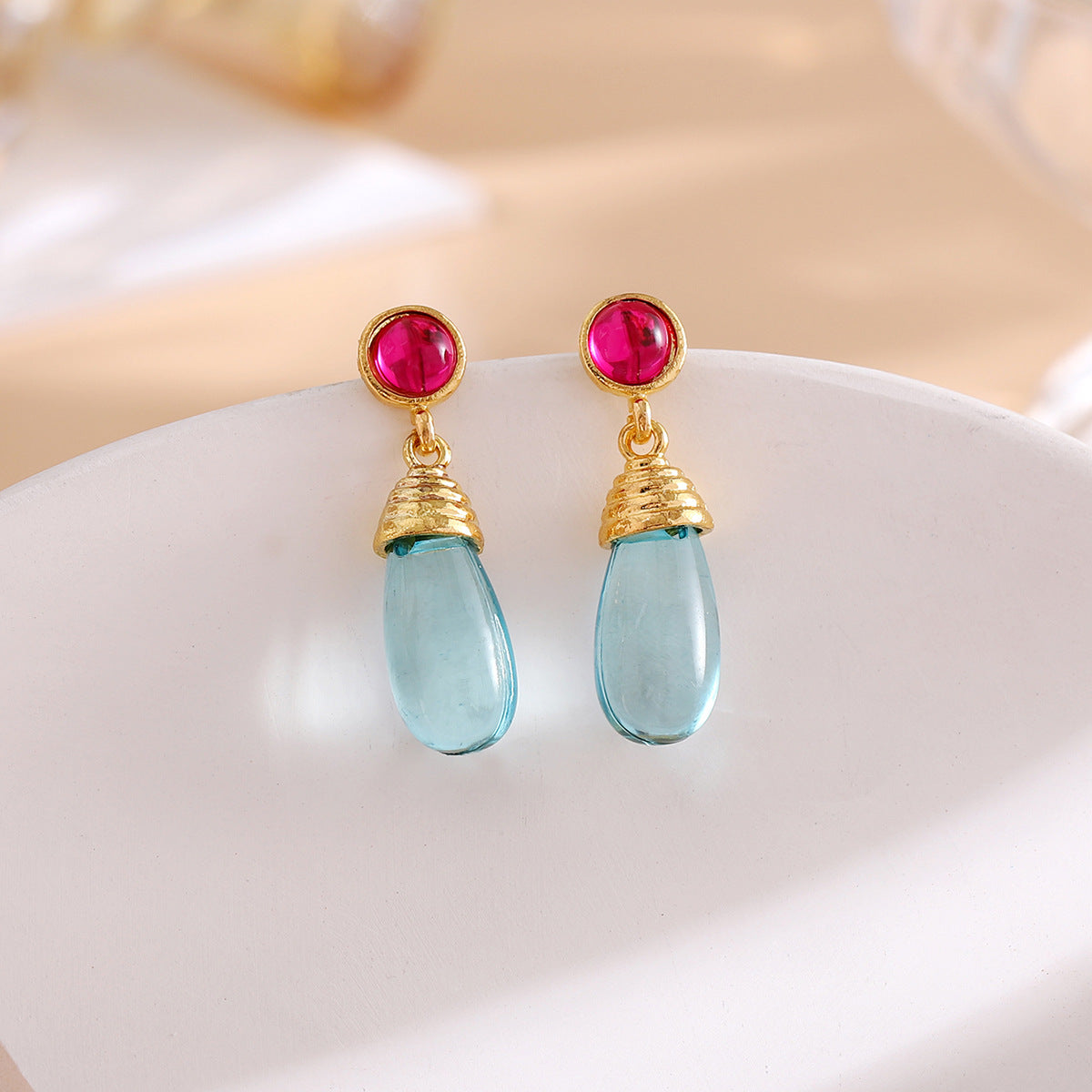 Bohemian-style Red Stud Earrings Blue And Transparent