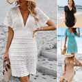New Cross-Border Beach Dress, Ripple Hollow Out Dress, Deep V Neck & Elastic Waist, Hot Selling Amazon Beach Cover Up