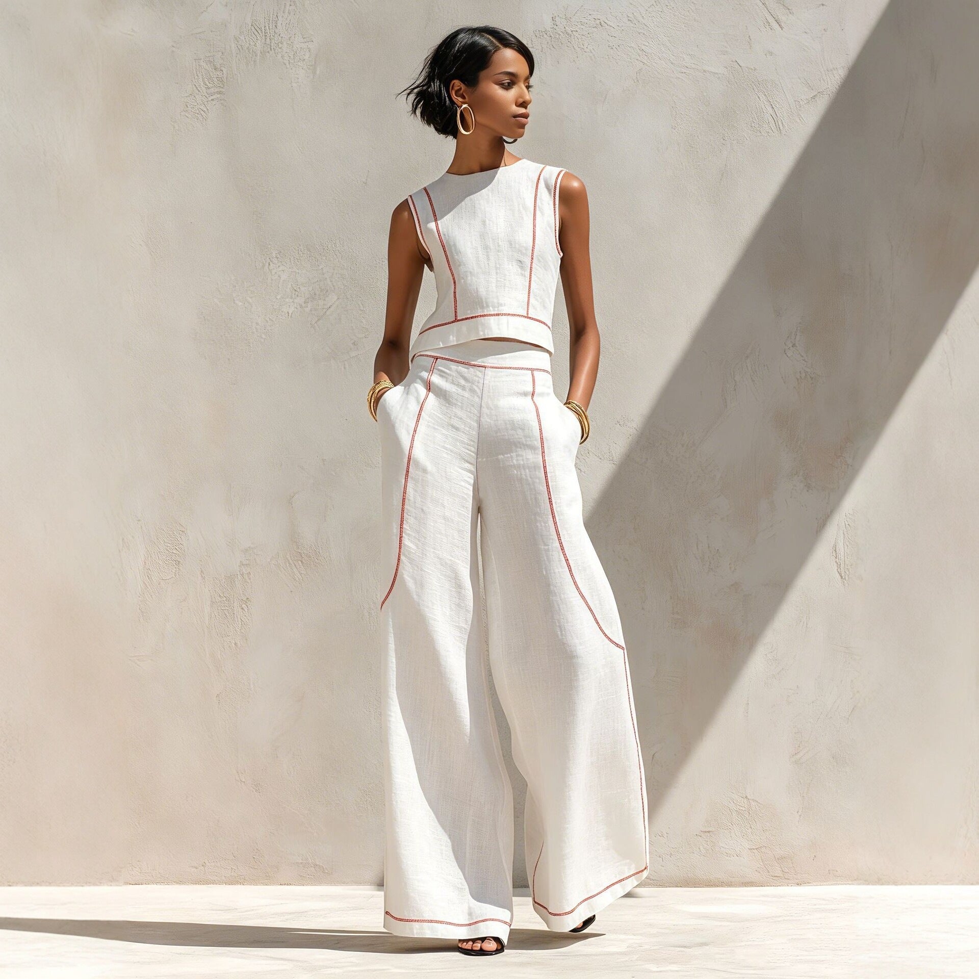Sleeveless Color-Block Wide-Leg Pants Set Womens Summer Casual Chic Two-Piece Outfit
