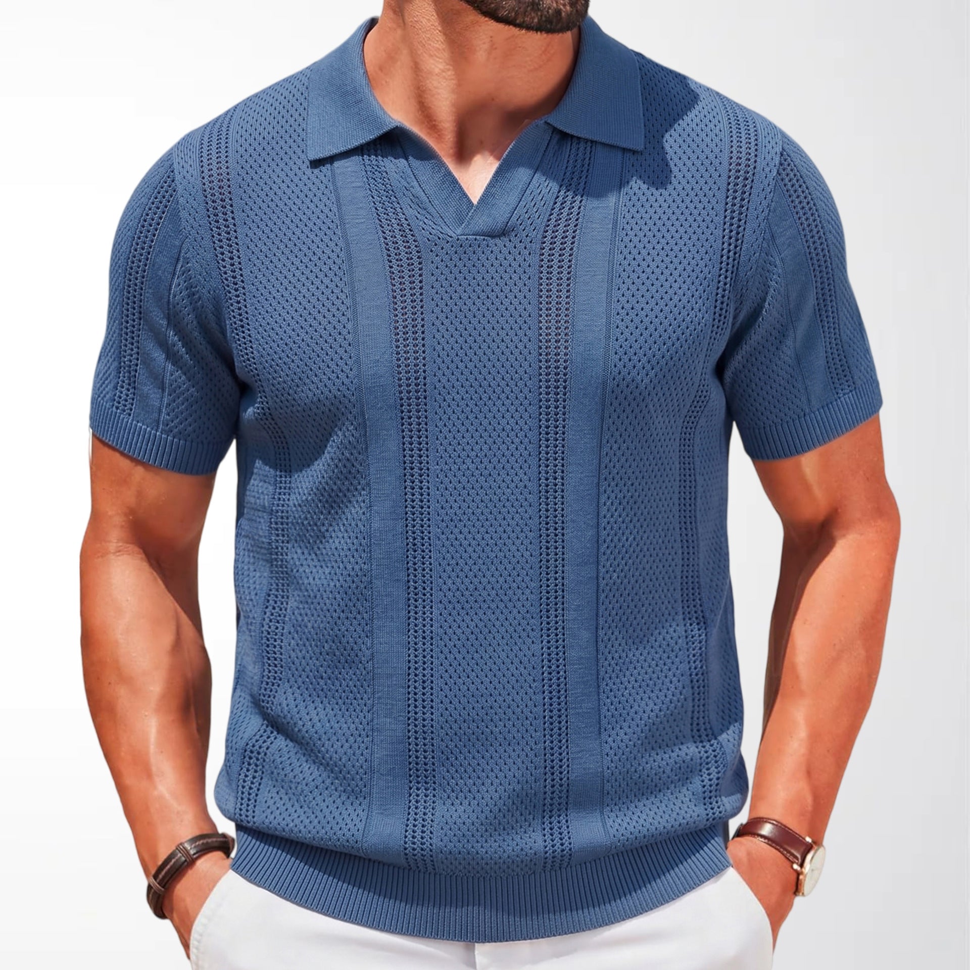 Mens Hollow-Out Knitted Polo Shirt
