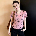 Womens Short-sleeved Printed Distressed Ruffled Top