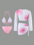 2026 New Pink 3-Piece Bikini Set, Halter Triangle Top & Mesh Cover Up & Skirt, Vacation Style Swimwear