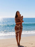2026 New Women's 2 Piece Beach Set - Brown V-Wire One Piece Swimsuit With Tie Dye Sarong Skirt