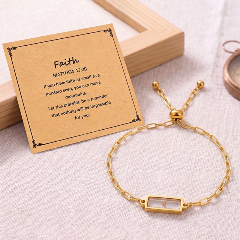 Real Mustard Seed Faith Bracelet For Women, 18K Gold Plated Stainless Steel Paperclip Chain, Adjustable Religious Christian Gift With Scripture Card