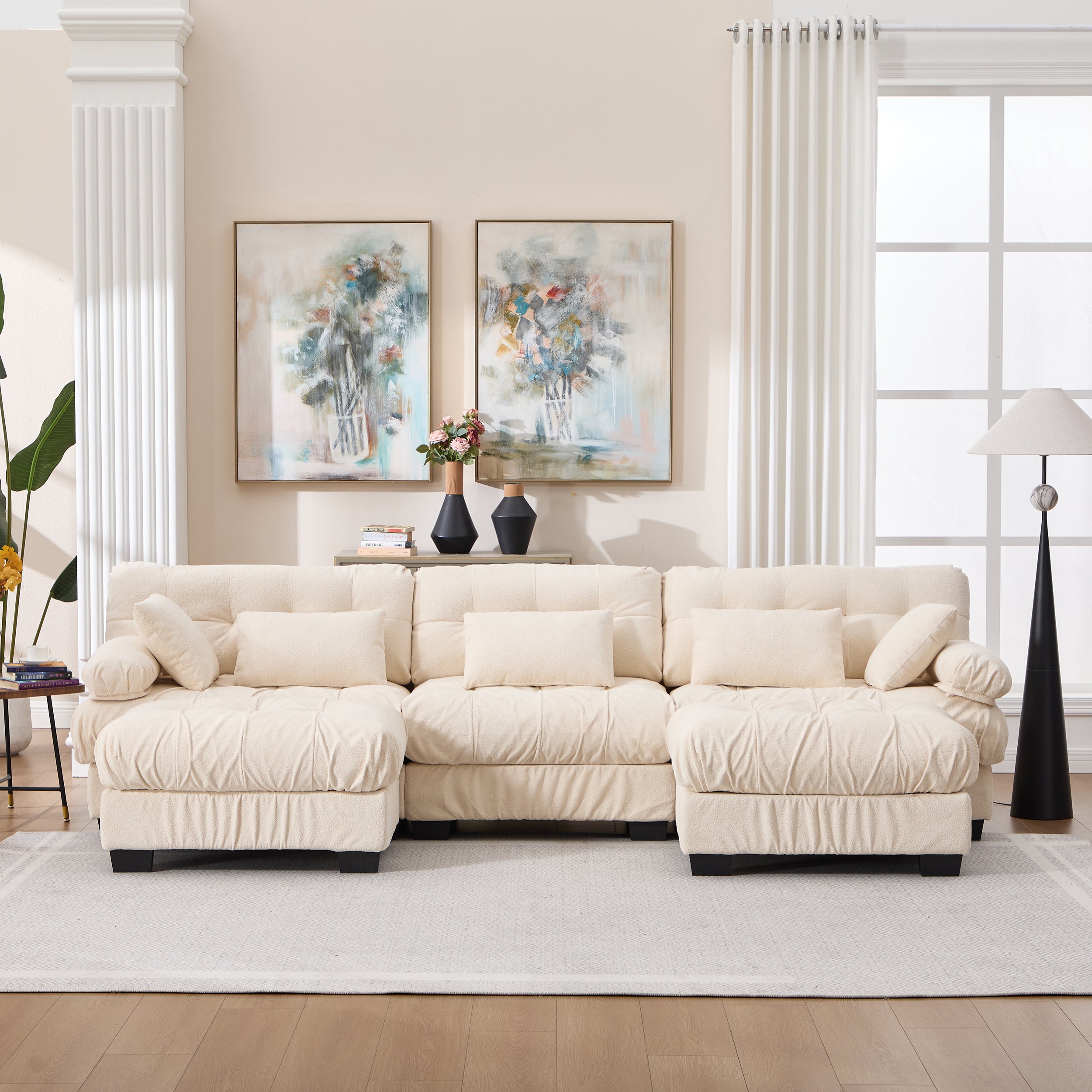 U Shaped Couch Modular Sectional Sofa, Modern Deep Seat Cloud Couch, 3-Seater Modular Couches For Living Room, Comfy Advanced Flannelette Sofa Bed With Round Armrests 5 Pillows,Sofas For Bedroom