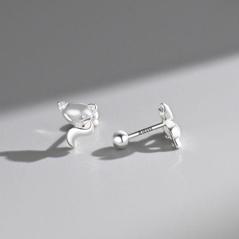 1pair 999 Sterling Silver Smooth 3D Fox Stud Earrings, Tiny Chic Minimalist Style, For Daily Dating Wear & Women Valentine Birthday Gifts
