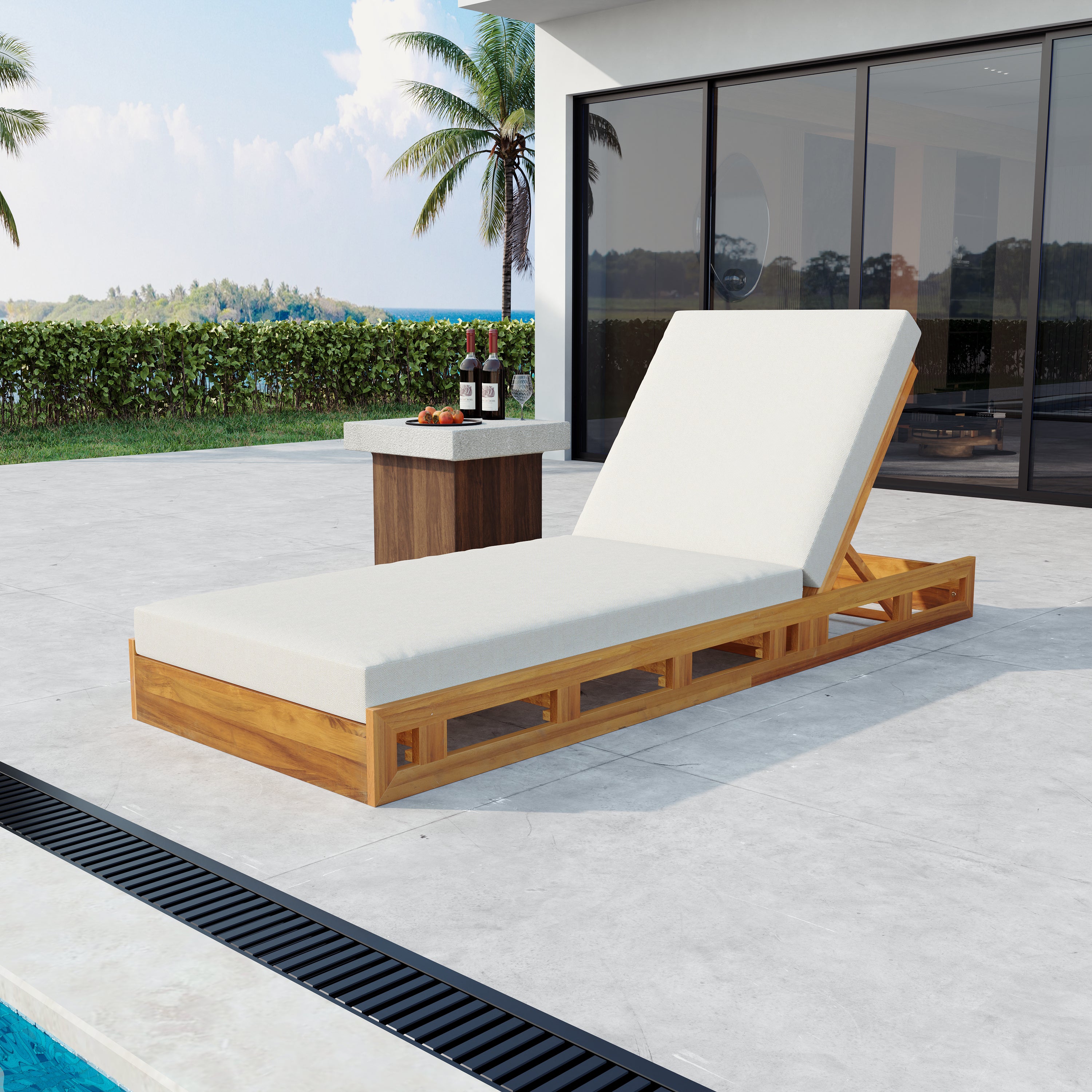 LOUNGE CHAISE SET, ACACIA WOOD WITH WATER-RESISTANT LOUNGE CUSHIONS  CREAM & 4 INCH THICK  - MATCHING DARK GREY VERSION AVAILABLE