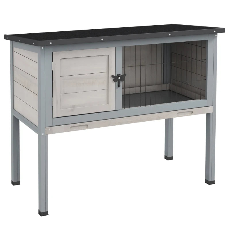 Elevated Rabbit Hutch, Wooden Bunny Cage With Hinged Asphalt Roof And Removable Tray, For IndoorOutdoor, Gray