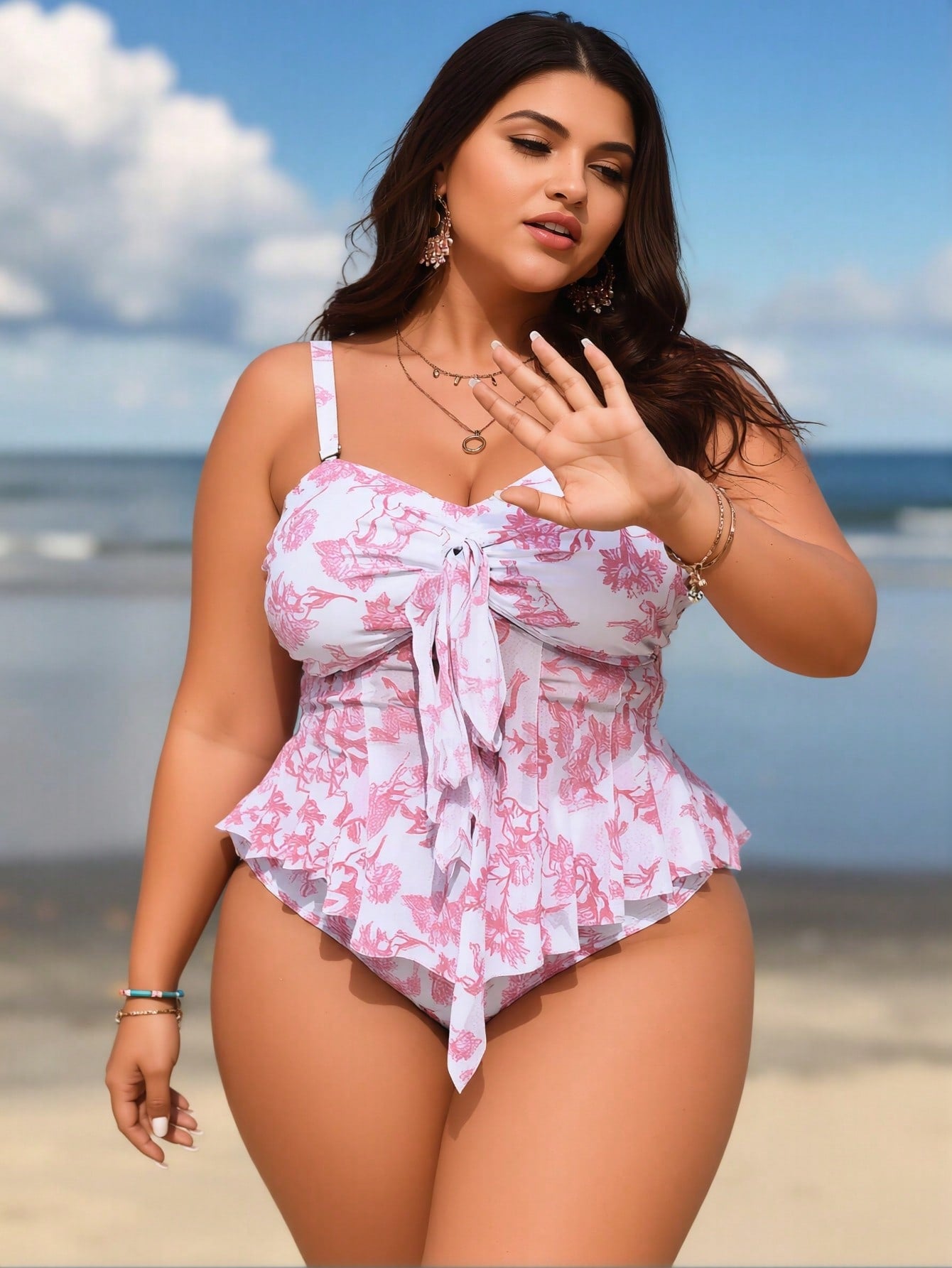 2026 New Plus Size Floral Tankini Swimsuit For Women, Ruffled Tummy Control Two Piece Bathing Suit For Beach Vacation