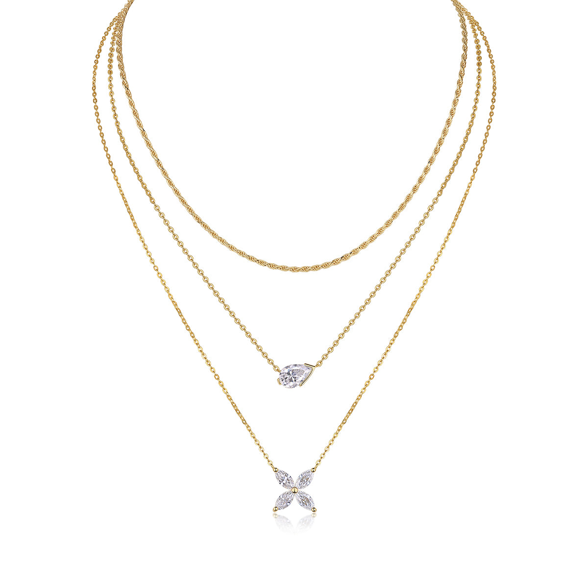 S925 Sterling Silver 7x11mm Pear Moissanite 3-Layer Necklace 40cm 10.8g Gold Plated GRA Certified Gift Box