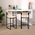 Creamy White Paper Rope Woven Bar Stools Set Of 2 Hand Weave Counter Stool With Footrest For Kitchen Island, Dining Room  Creamy White