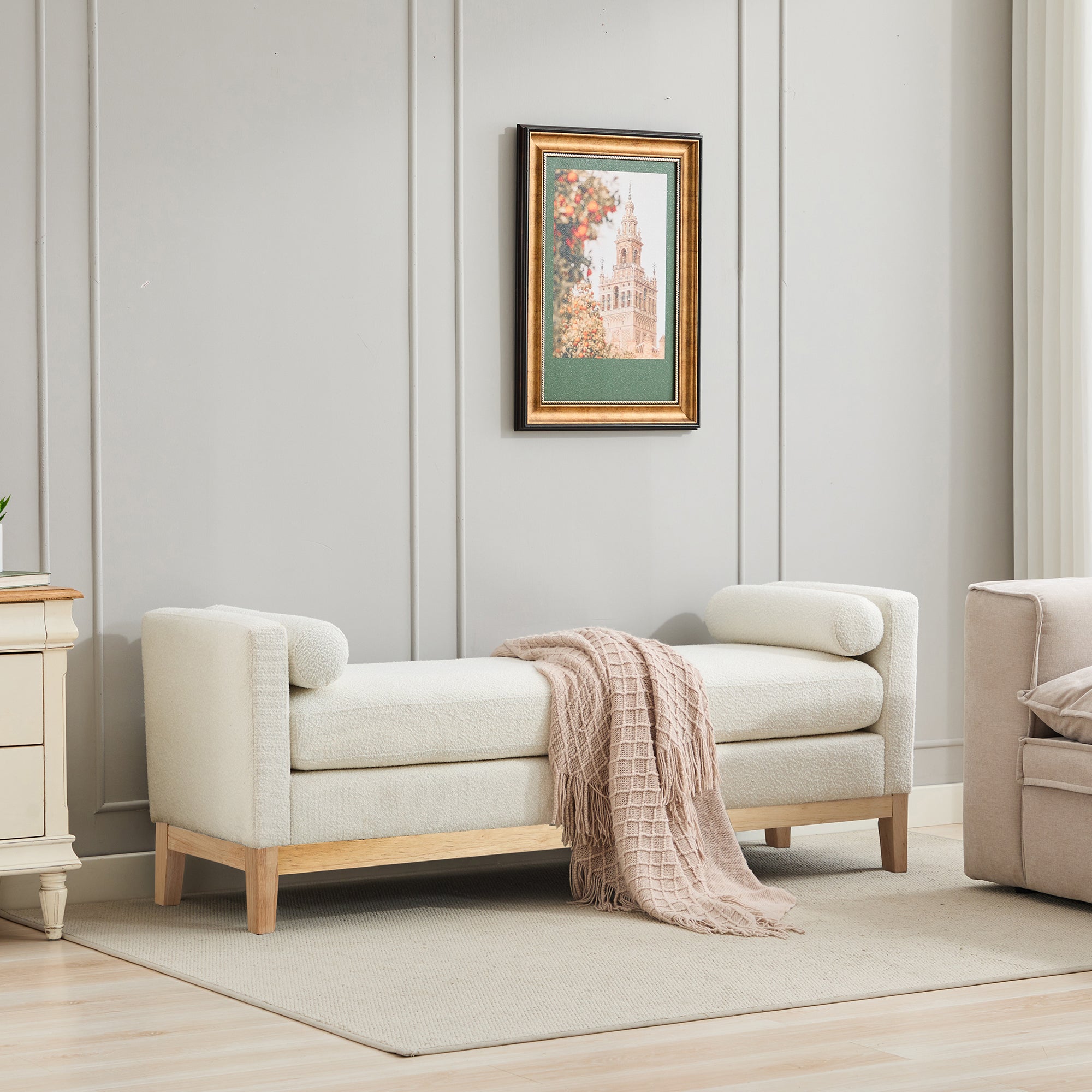 66.34 W Upholstered End Of Bed Bench With Natural Finish Wood Frame, Daybed, Footrest Stool Ottoman With Arms & Wood Legs & 2 Bolsters For Bedroom, Window, Living Room, Entryway, Hallway,Ivory Boucle