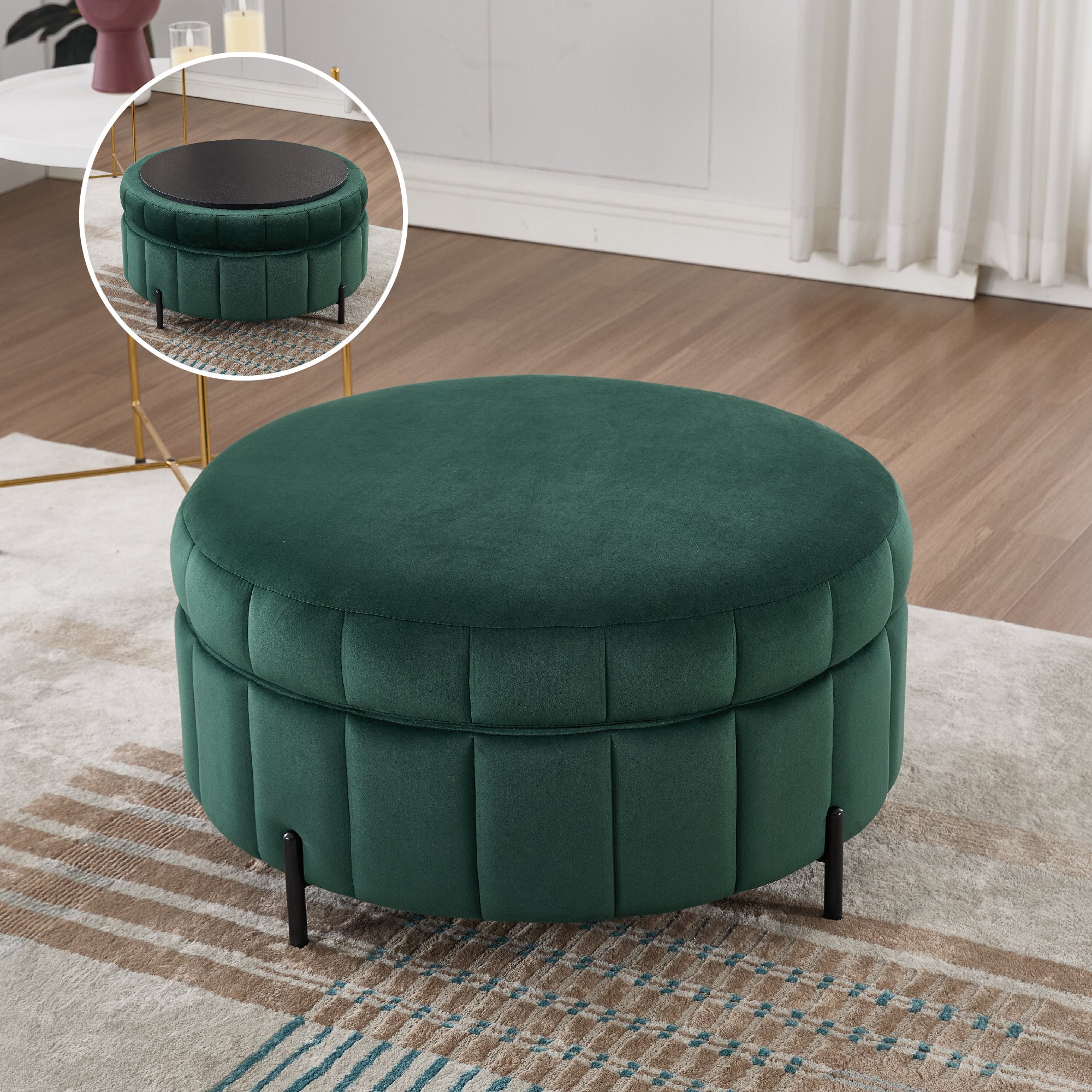31.5 W Upholstered Round Ottoman With Reversible Lid, Velvet Storage Stool, Channel Tufted Pumpkin-shape Footstool For Living Room, Bedroom And Office, Green