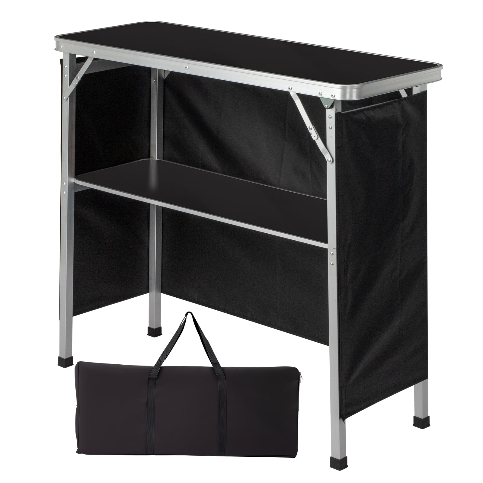 100-38-88cm Portable Folding Bar Table With Storage Shelf, Aluminum Frame Trade Show Counter With Black Skirt & Carry Bag