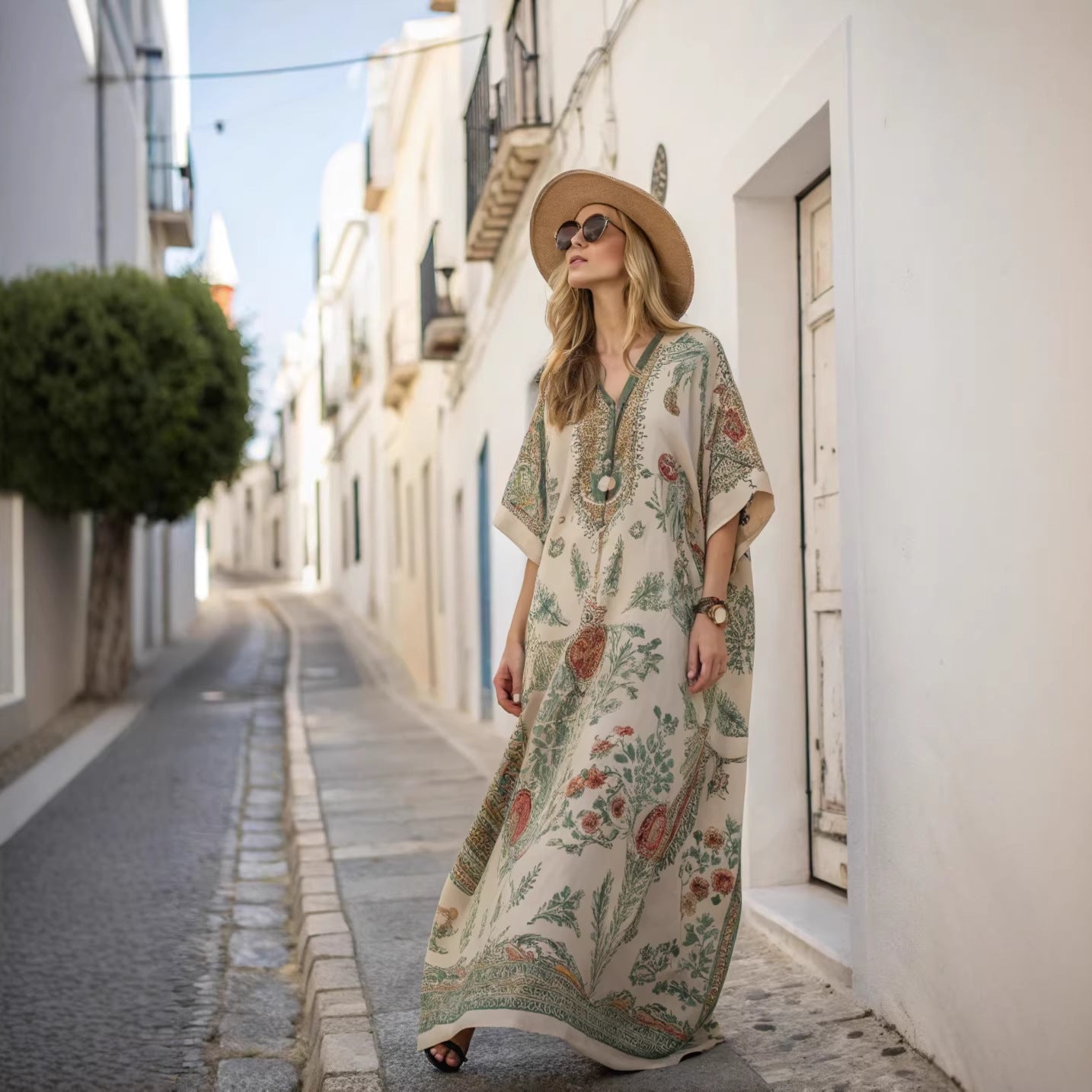 Womens Digital-Print V-Neck Casual Dress