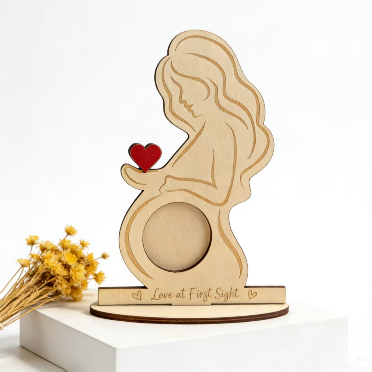 Laser Engraved Pregnant Woman Silhouette Wooden Picture Frame Expecting Mom Baby Shower Gift