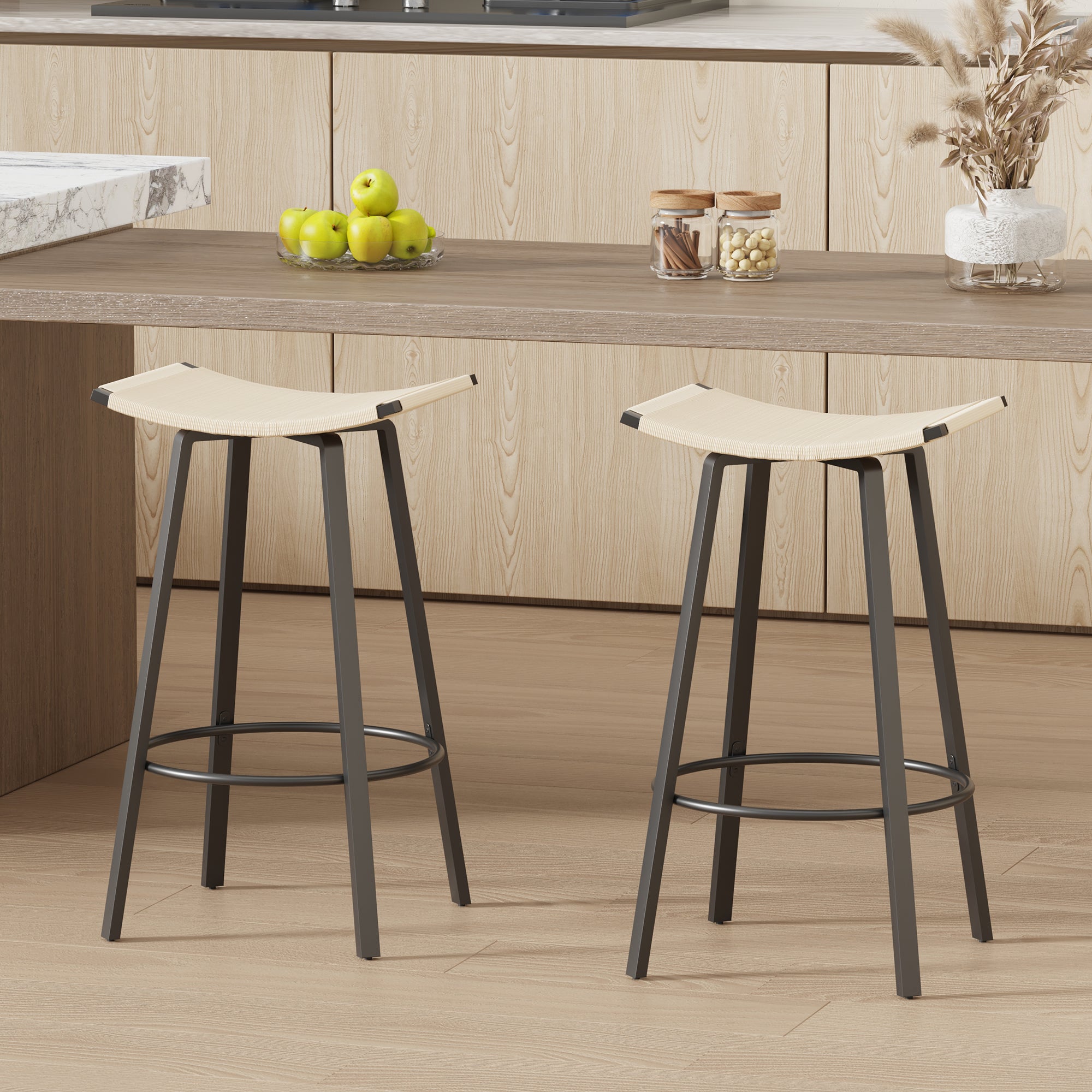Counter Height Bar Stools Backless Handwoven Kitchen Dining Chairs With Round Footrest Set Of 2 PVC Weaving Pub Stool For Indoor & Outdoor  Black & Creamy White