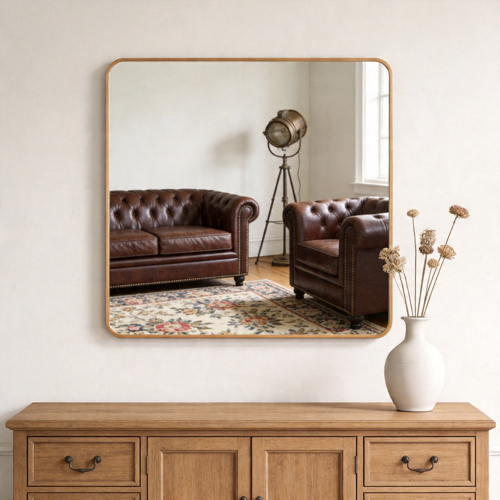 36in X 36in Inch Gold Metal Framed Square Bathrrom Mirror For Wall.