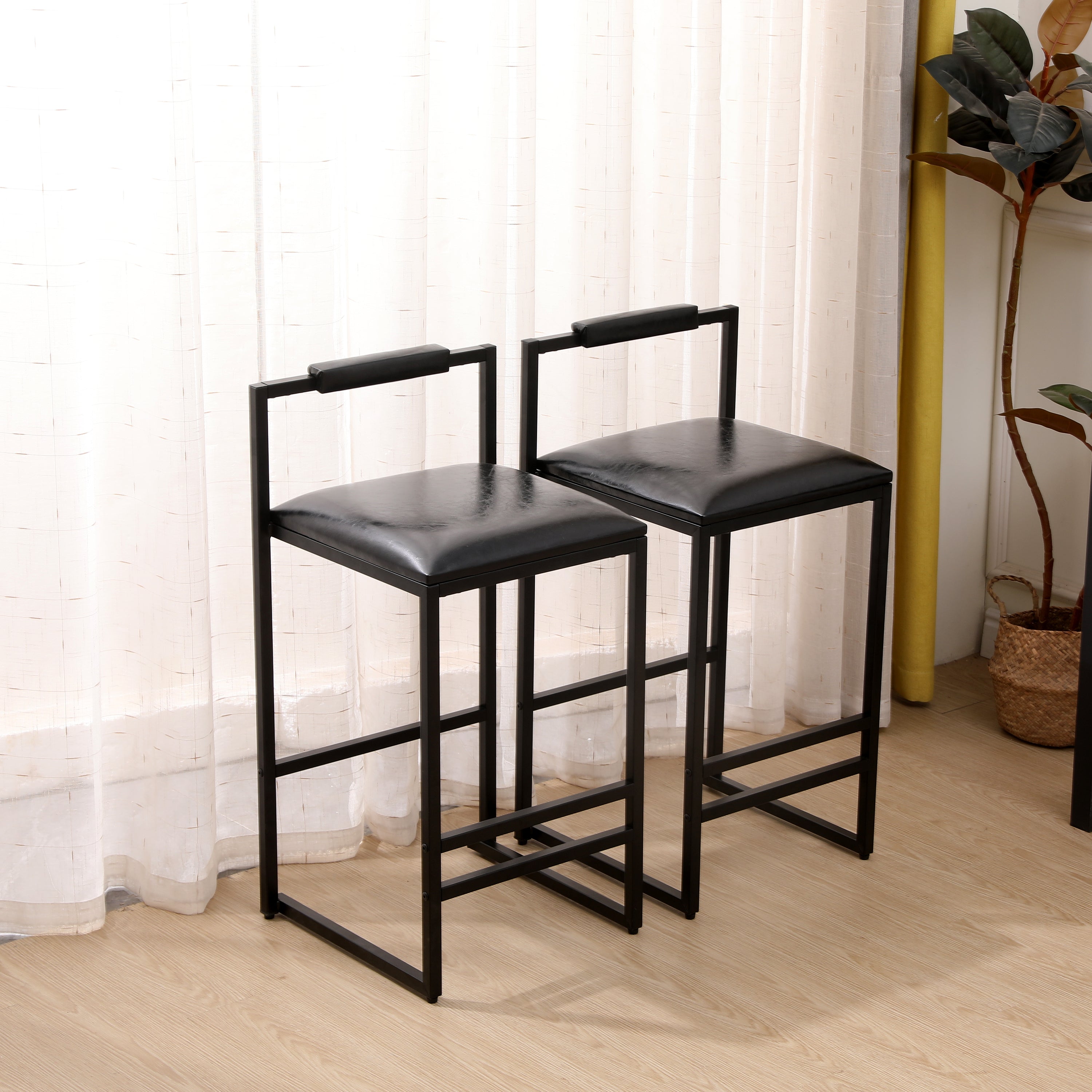 Black Bar Stool With Backrest Set Of 2 Counter Height PU Leather Upholstered Bar Chairs With Footrest