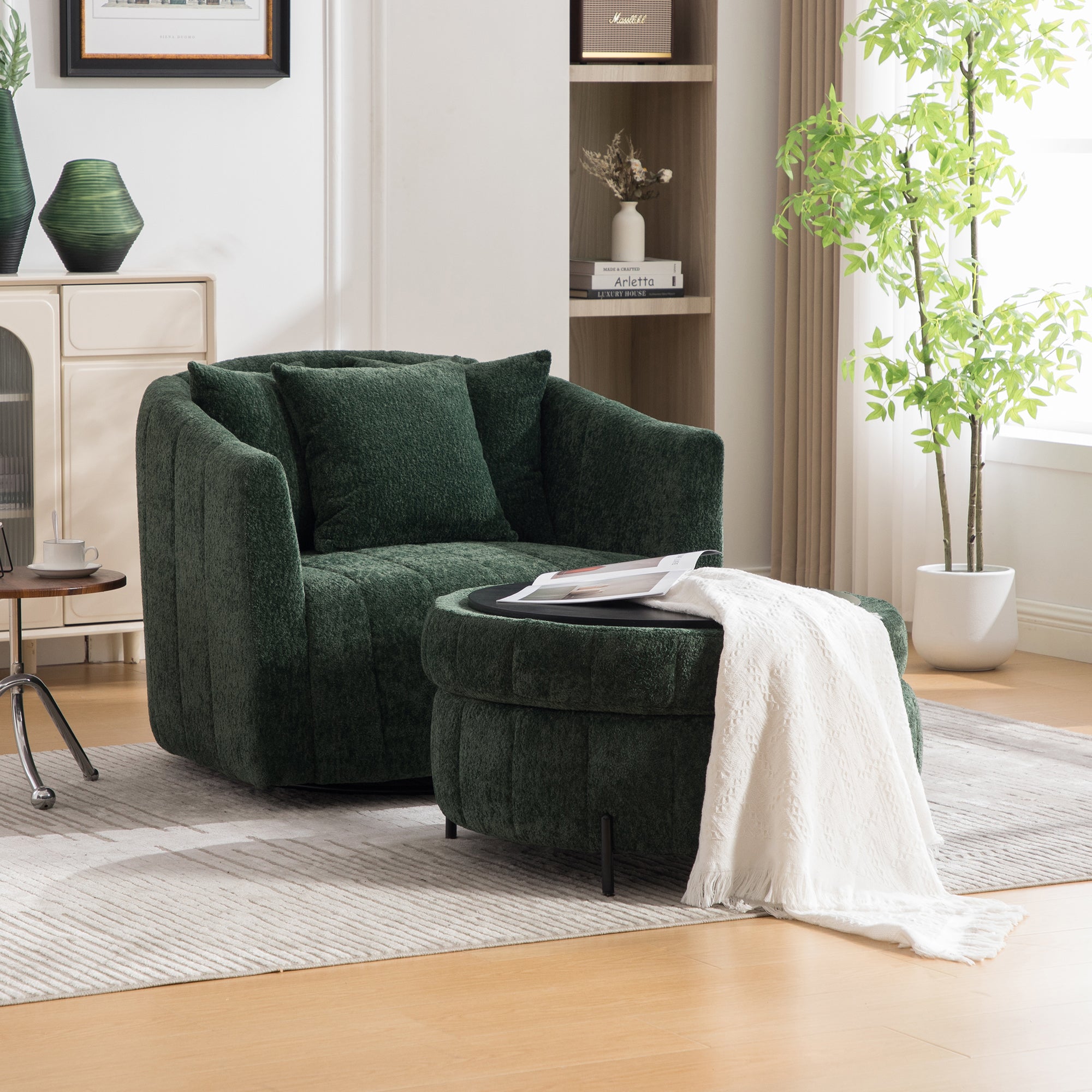 39 W Oversized 360 Swivel Accent Barrel Chair And Half Sofa With Round Ottoman Set, Chenille Channel Tufted Pumpkin Club Armchair 3 Pillows With Storage Stool For Living Room, Bedroom, Lounge, Green