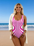 2026 New Trendy One-Piece Swimsuit Women's Pink & White Swirl Stripe Slimming Bathing Suit For Pool Party, Tummy Control & Flattering