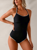 Black Contrast Trim Halter One Piece Swimsuits For Women