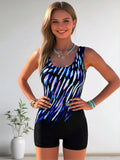 2026 New Abstract Watercolor Print Sport Swimwear, High Waist Bodycon Slimming Monokini