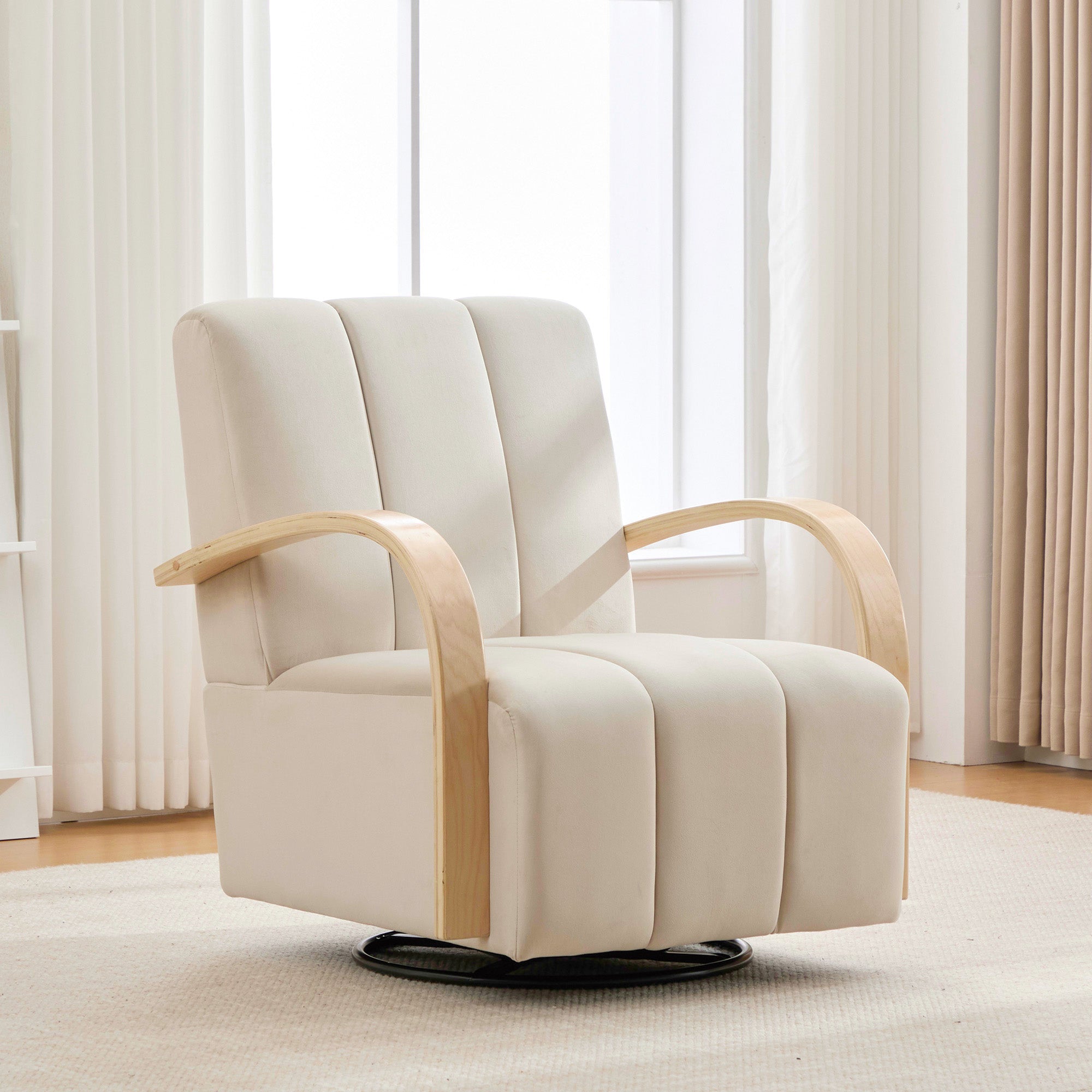 30.7 W Modern Upholstered 360 Swivel Accent Chair With Solid Wood Armrests And Comfy Channel Tufted Lounge Reading Chair, Single Sofa Armchair For Hotel Bedroom Living Room Office And Bedroom. Beige