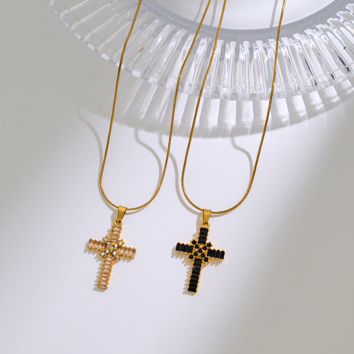Stainless Steel Cross Pendant Necklace With Zircon Inlay