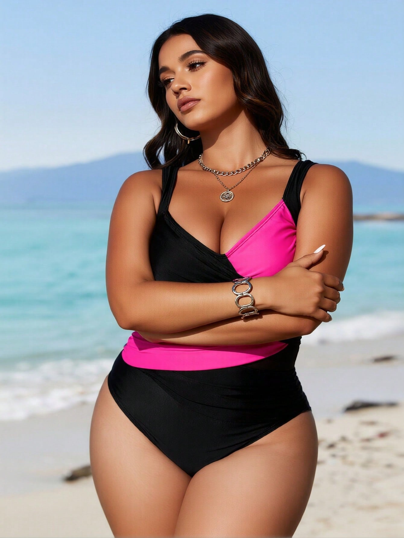 2026 New Women's One-Piece Swimsuit: Black & Hot Pink Color Block, Wrap Front Detail, Wide Straps And Ruched Tummy Control
