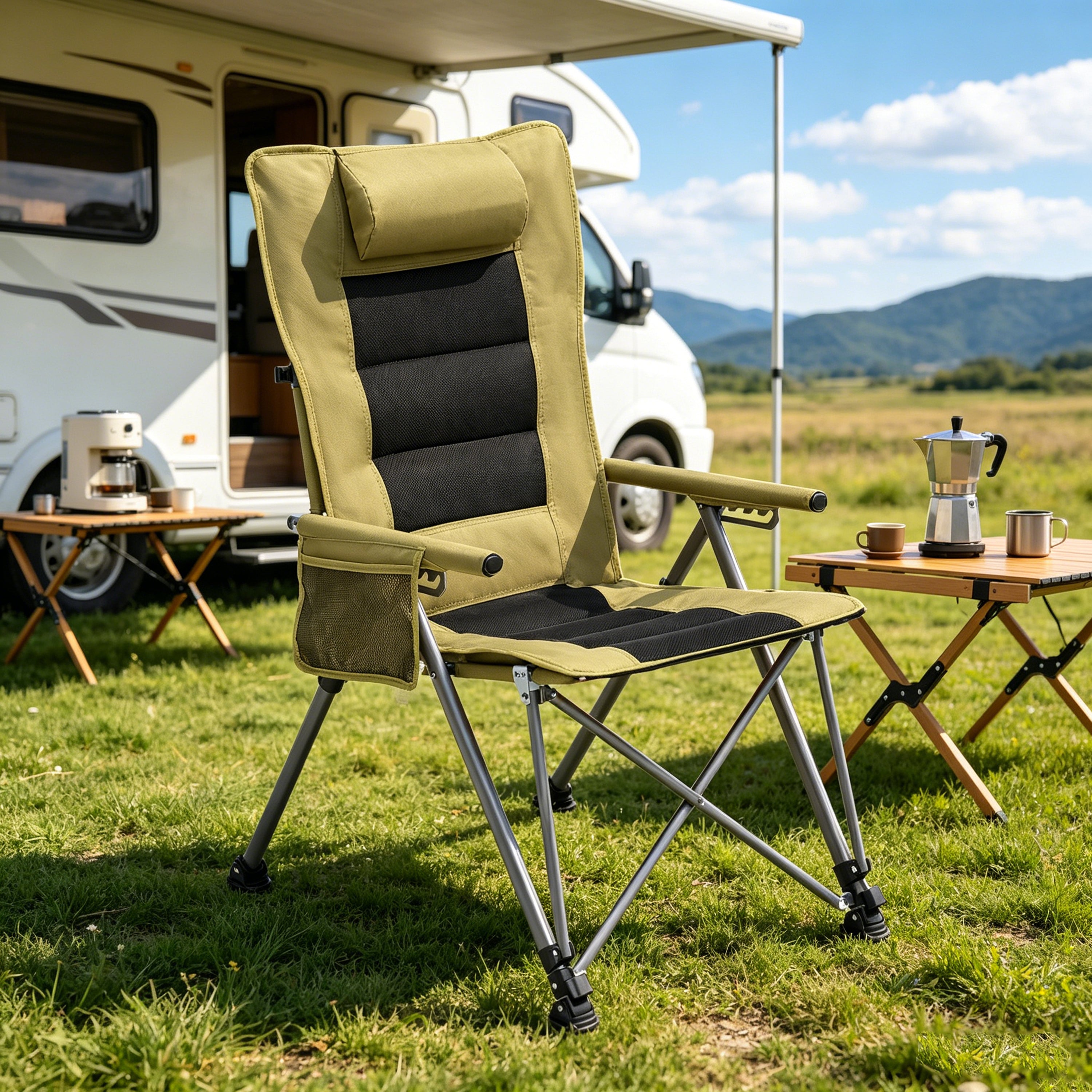 5-Position Adjustable Reclining Camping Chair, Side Pocket & Carry Bag, Heavy Duty , Portable Outdoor Chair For Beach, Camping, Patio,khaki