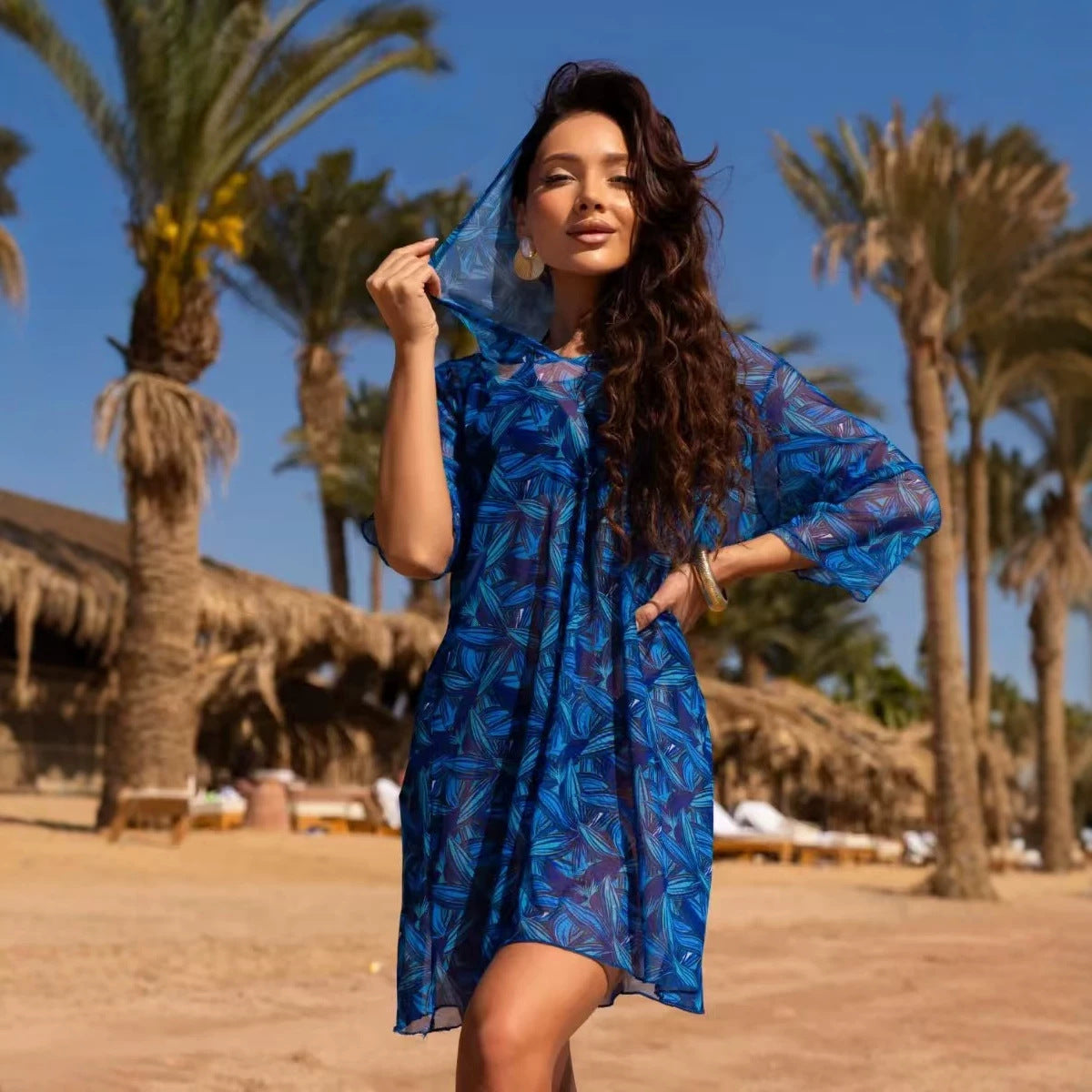 Printed Beach Three Quarter Sleeve One Piece Swimsuit Cover Up