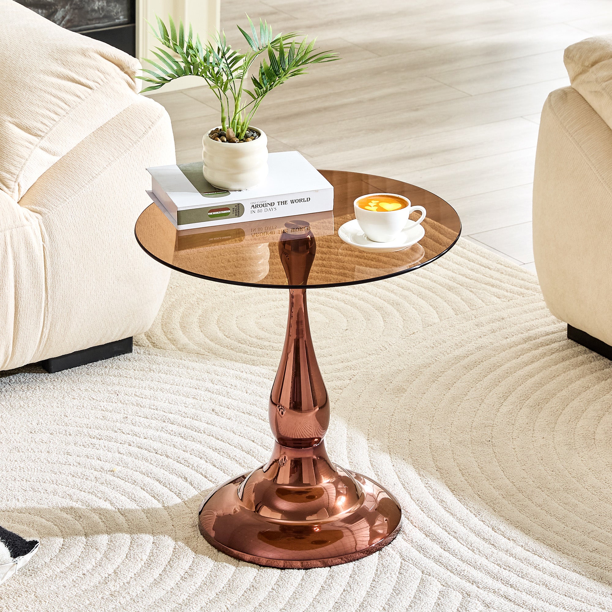 Small Metal Side Table, Modern Rose Gold Metal Round-edge Table With A Glass Top Measuring Approximately 19.6 Inches In Diameter. Ideal For Use Next To A Bed Or Sofa, In Living Rooms, Bedrooms, Etc.