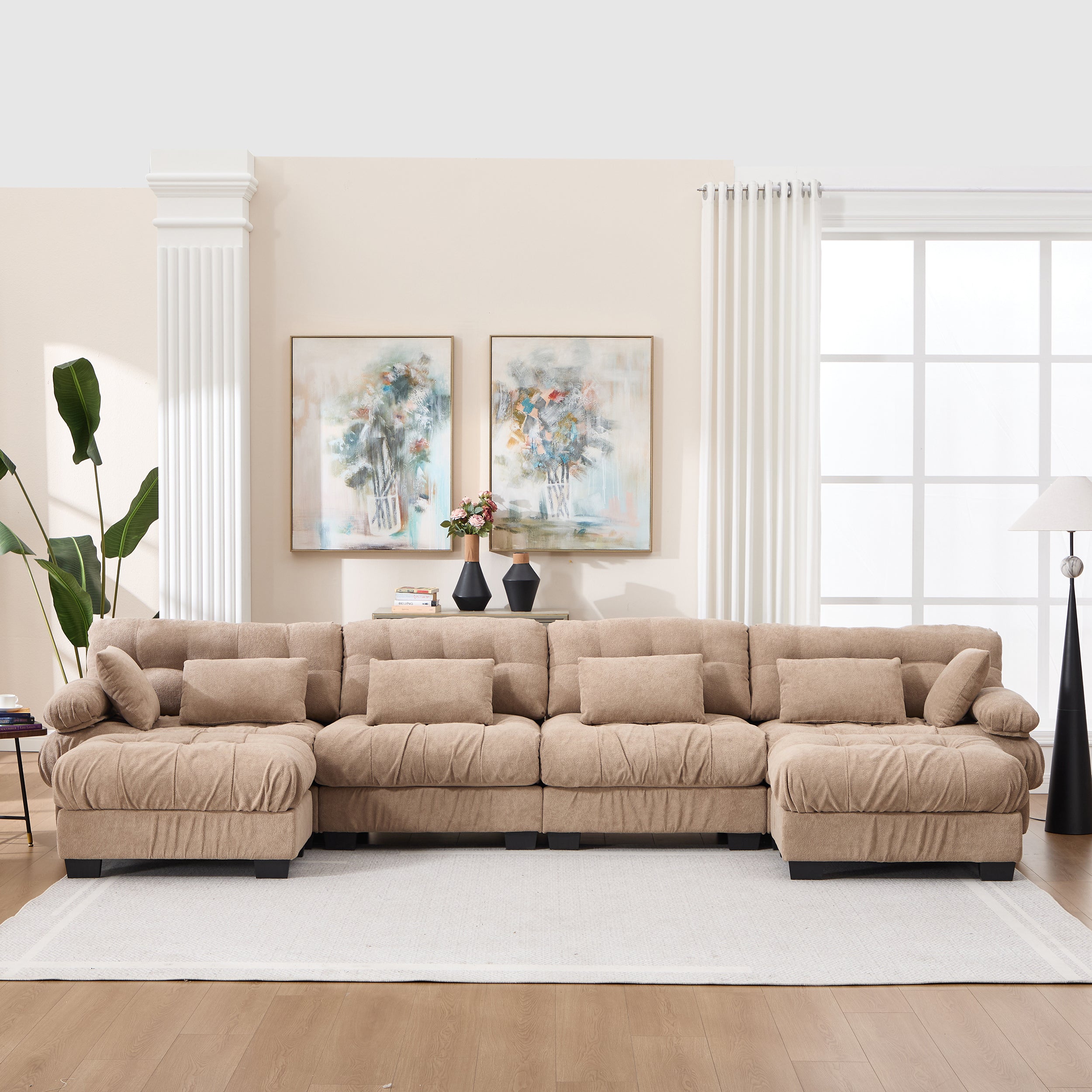 U Shaped Couch Modular Sectional Sofa, Modern Deep Seat Cloud Couch, Oversized Modular Couches For Living Room, Comfy Advanced Flannelette Sofa Bed With Round Armrests 6 Pillows,Sofas For Bedroom