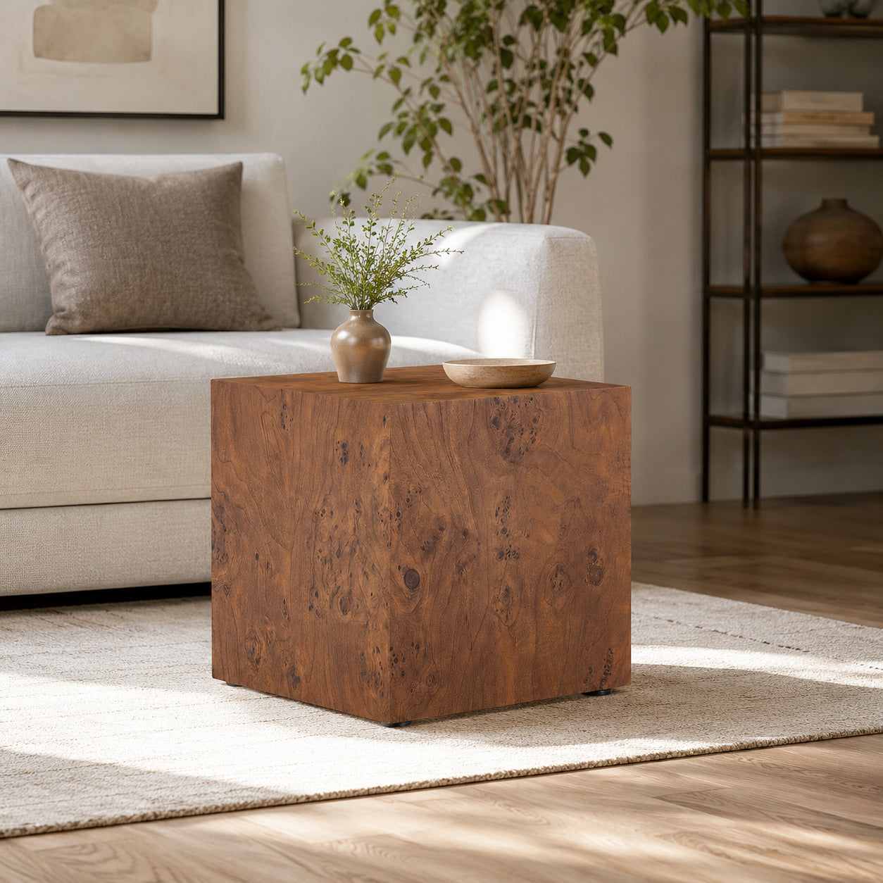 Premium Burl Walnut Veneer MDF Cube Table, Height Adjustable Multi-purpose Coffee Side End Table For Living Room, 15.7 X15.7 X15.7 , No Extra Items Included